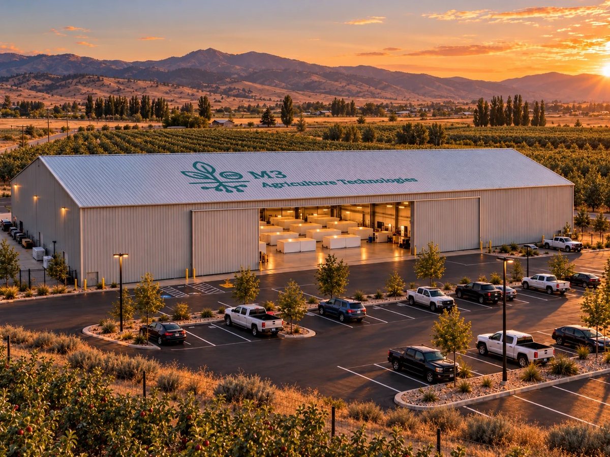 Rendering of an M3 facility among orchards, with hills behind at sunset.